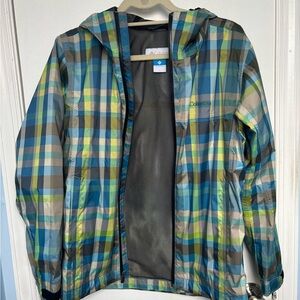 Columbia Plaid Hooded Raincoat in Blue, Green and Gray